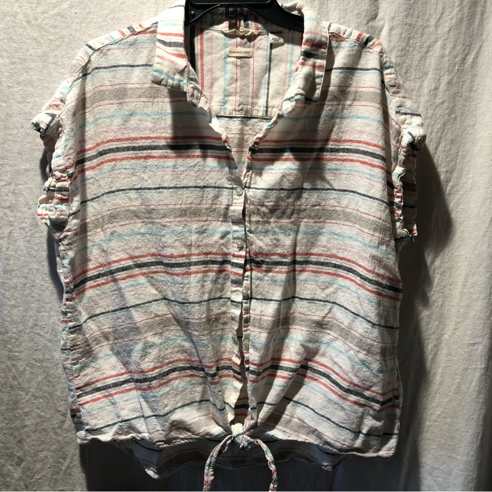 Weatherproof Vintage washable striped linen blend shirt tie front detail  XXL